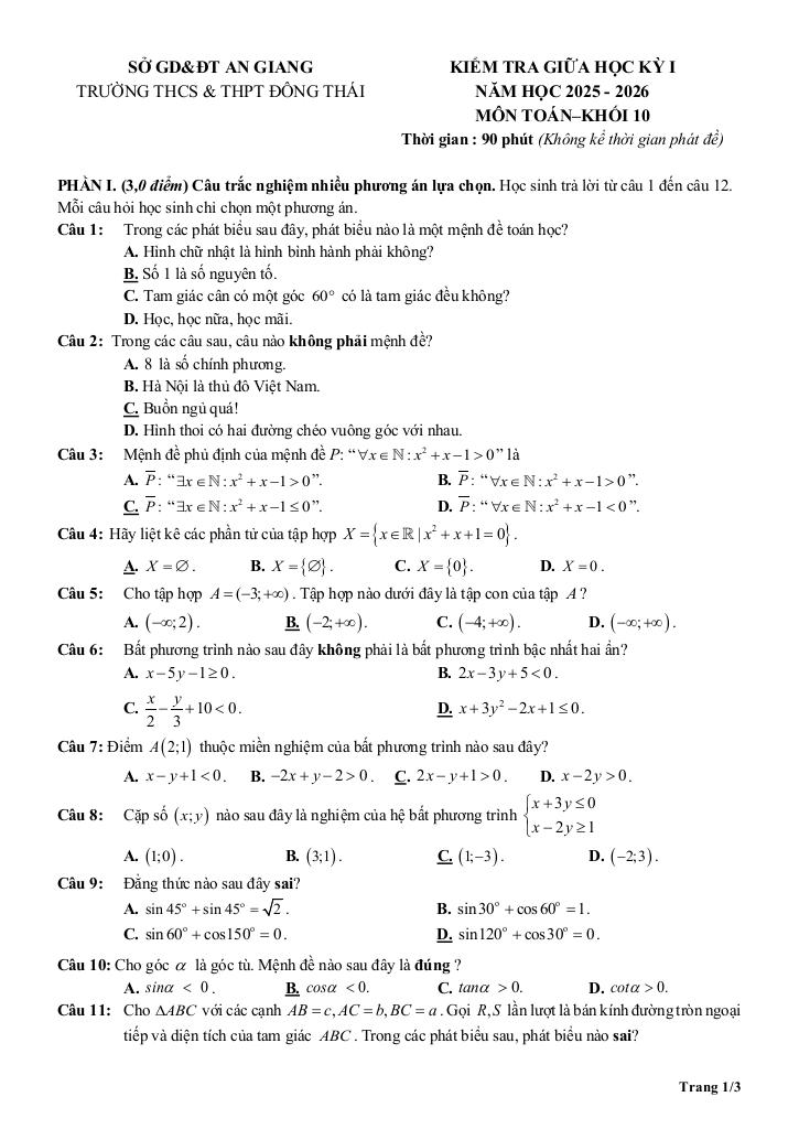 đề giữa học kỳ 1 toán 10 năm 2025 – 2026 trường đông thái – an giang 0