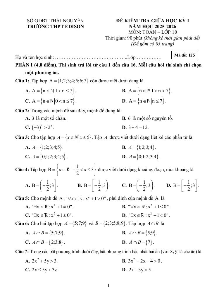 đề giữa học kỳ 1 toán 10 năm 2025 – 2026 trường thpt edison – thái nguyên 0