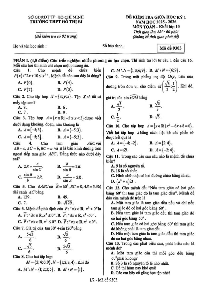 đề giữa học kỳ 1 toán 10 năm 2025 – 2026 trường thpt hồ thị bi – tp hcm 0