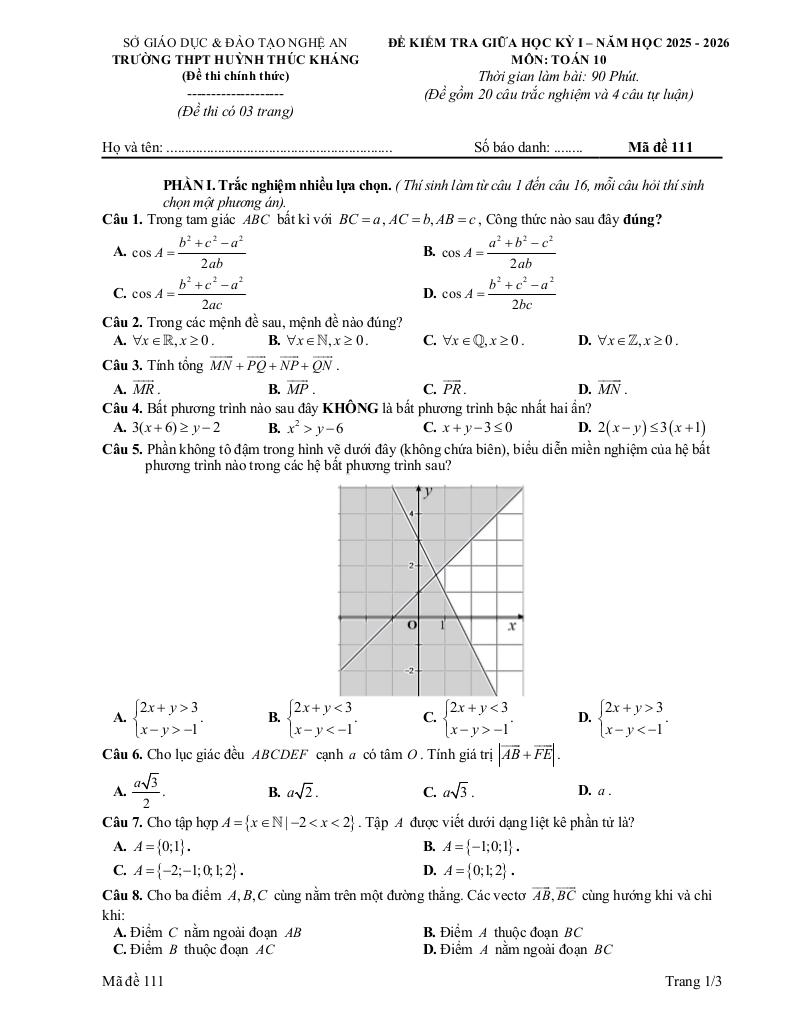đề giữa học kỳ 1 toán 10 năm 2025 – 2026 trường thpt huỳnh thúc kháng – nghệ an 0