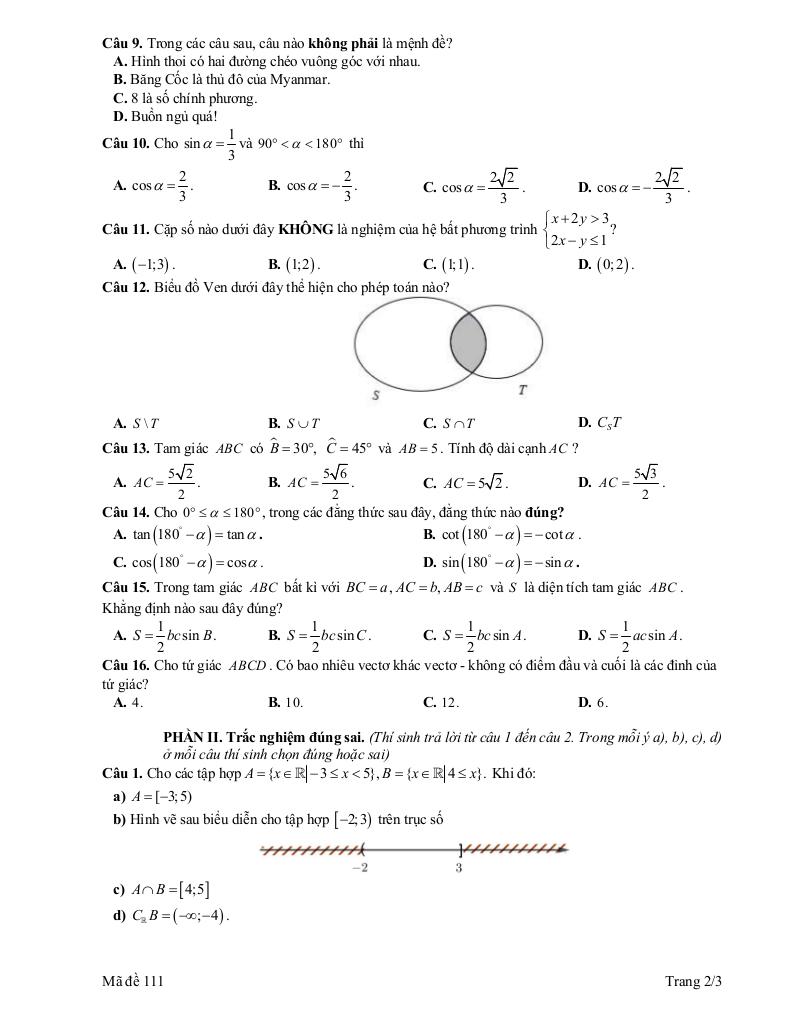 đề giữa học kỳ 1 toán 10 năm 2025 – 2026 trường thpt huỳnh thúc kháng – nghệ an 1