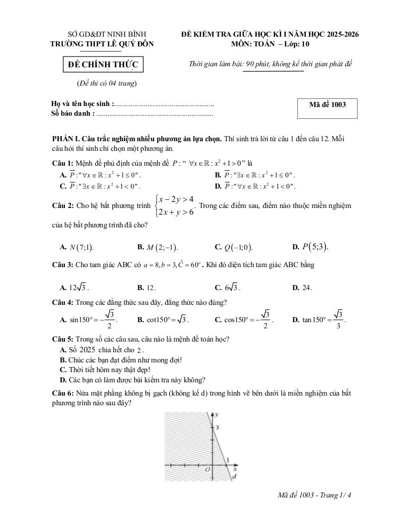 đề giữa học kỳ 1 toán 10 năm 2025 – 2026 trường thpt lê quý đôn – ninh bình 4