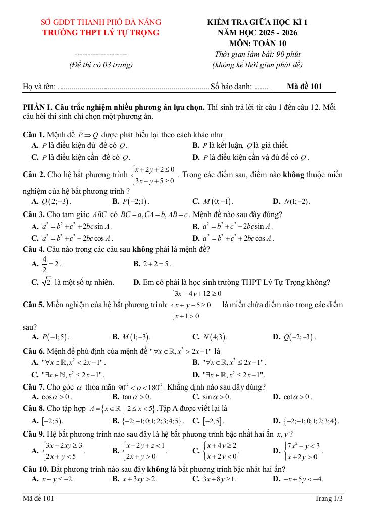 đề giữa học kỳ 1 toán 10 năm 2025 – 2026 trường thpt lý tự trọng – đà nẵng 0