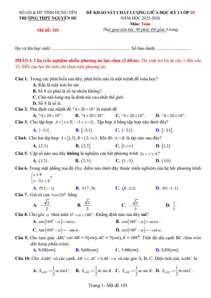 đề giữa học kỳ 1 toán 10 năm 2025 – 2026 trường thpt nguyễn du – hưng yên 0