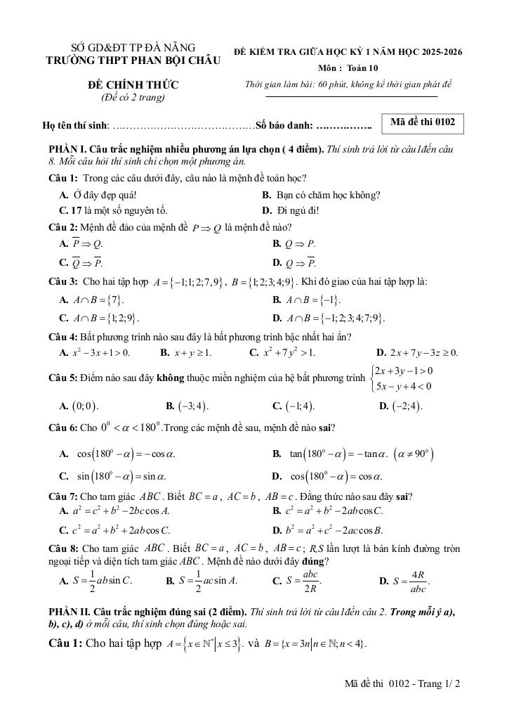 đề giữa học kỳ 1 toán 10 năm 2025 – 2026 trường thpt phan bội châu – đà nẵng 2