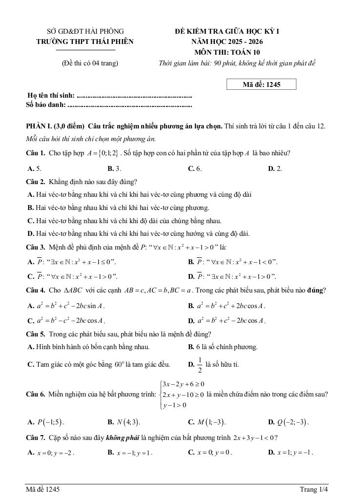 đề giữa học kỳ 1 toán 10 năm 2025 – 2026 trường thpt thái phiên – hải phòng 0