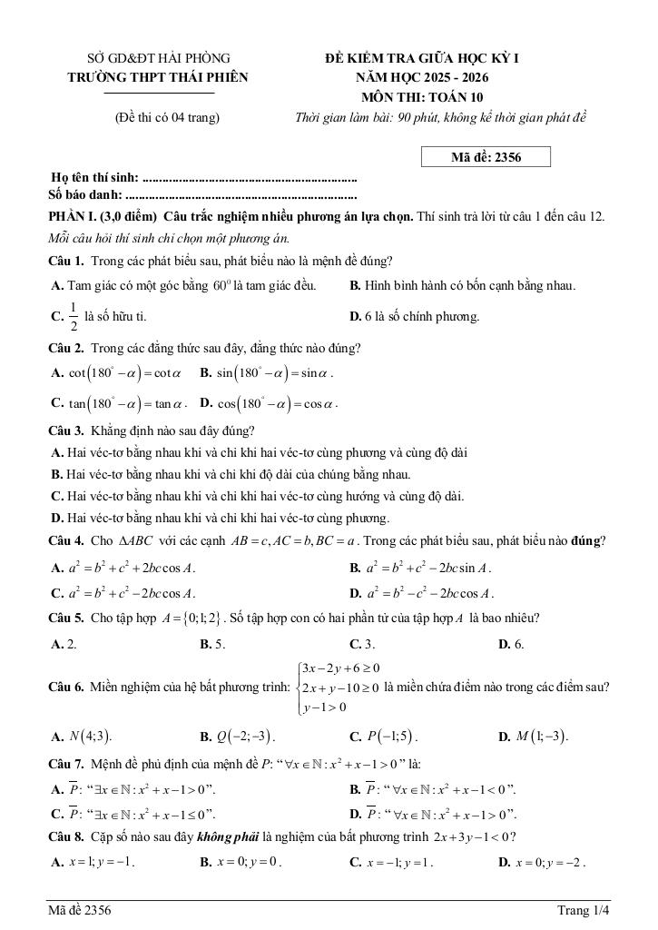 đề giữa học kỳ 1 toán 10 năm 2025 – 2026 trường thpt thái phiên – hải phòng 4
