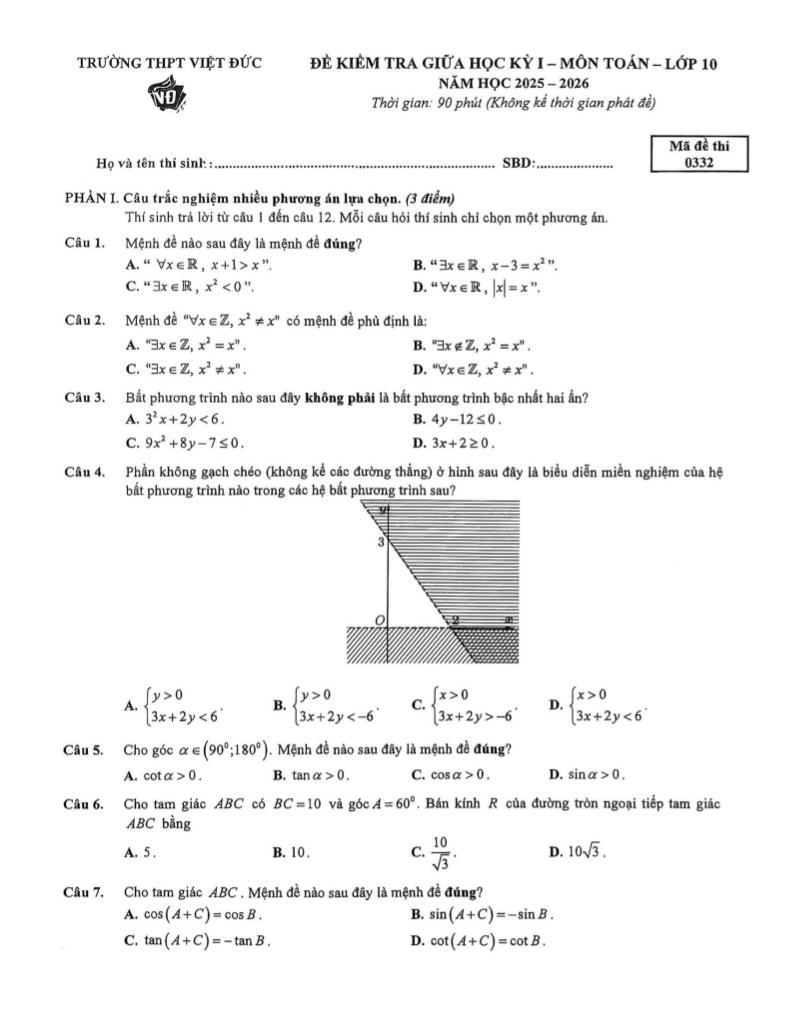 đề giữa học kỳ 1 toán 10 năm 2025 – 2026 trường thpt việt đức – hà nội 0