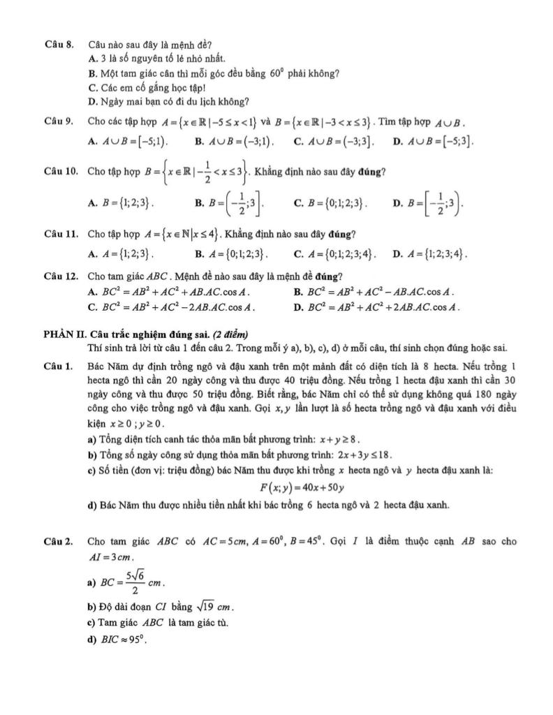 đề giữa học kỳ 1 toán 10 năm 2025 – 2026 trường thpt việt đức – hà nội 1