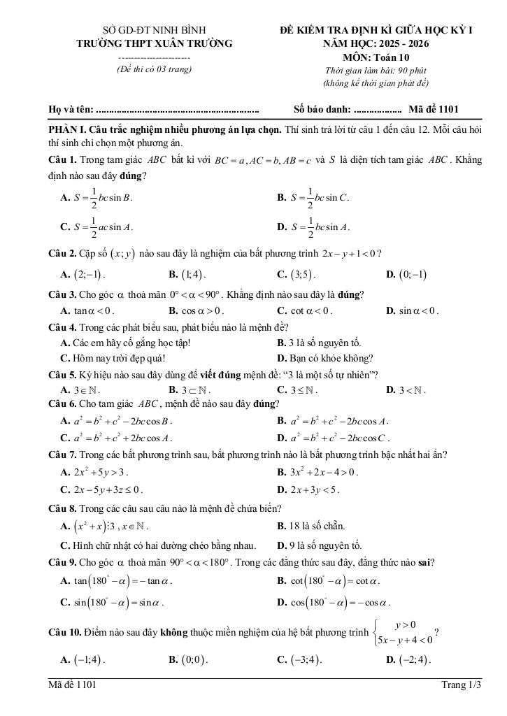 đề giữa học kỳ 1 toán 10 năm 2025 – 2026 trường thpt xuân trường – ninh bình 0