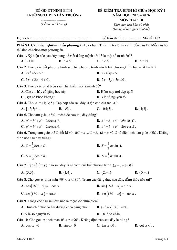 đề giữa học kỳ 1 toán 10 năm 2025 – 2026 trường thpt xuân trường – ninh bình 3