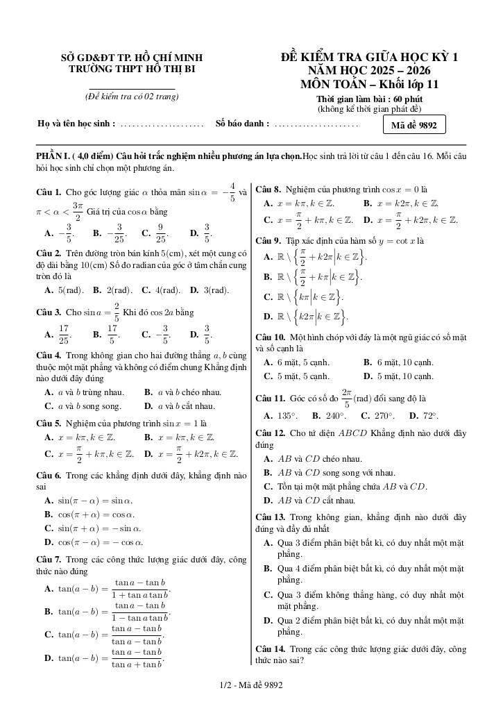 đề giữa học kỳ 1 toán 11 năm 2025 – 2026 trường thpt hồ thị bi – tp hcm 0