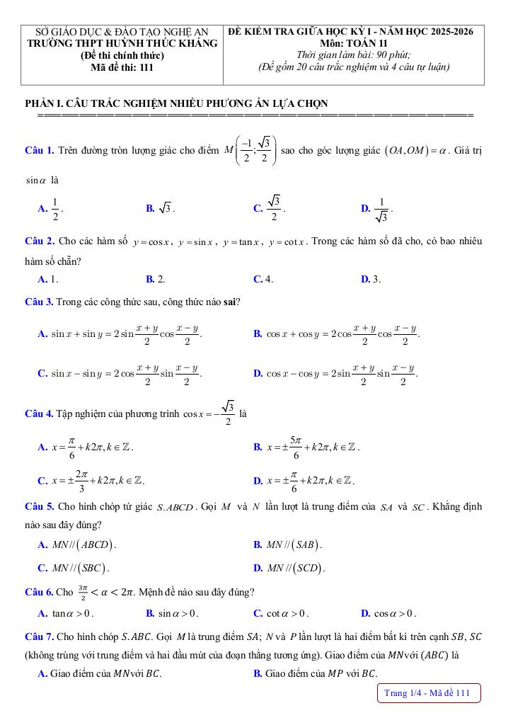 đề giữa học kỳ 1 toán 11 năm 2025 – 2026 trường thpt huỳnh thúc kháng – nghệ an 0