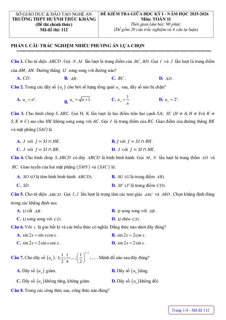 đề giữa học kỳ 1 toán 11 năm 2025 – 2026 trường thpt huỳnh thúc kháng – nghệ an 4