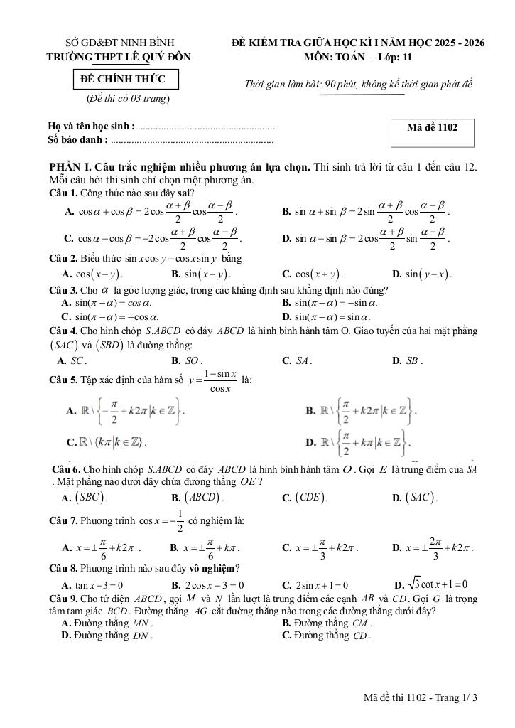 đề giữa học kỳ 1 toán 11 năm 2025 – 2026 trường thpt lê quý đôn – ninh bình 0