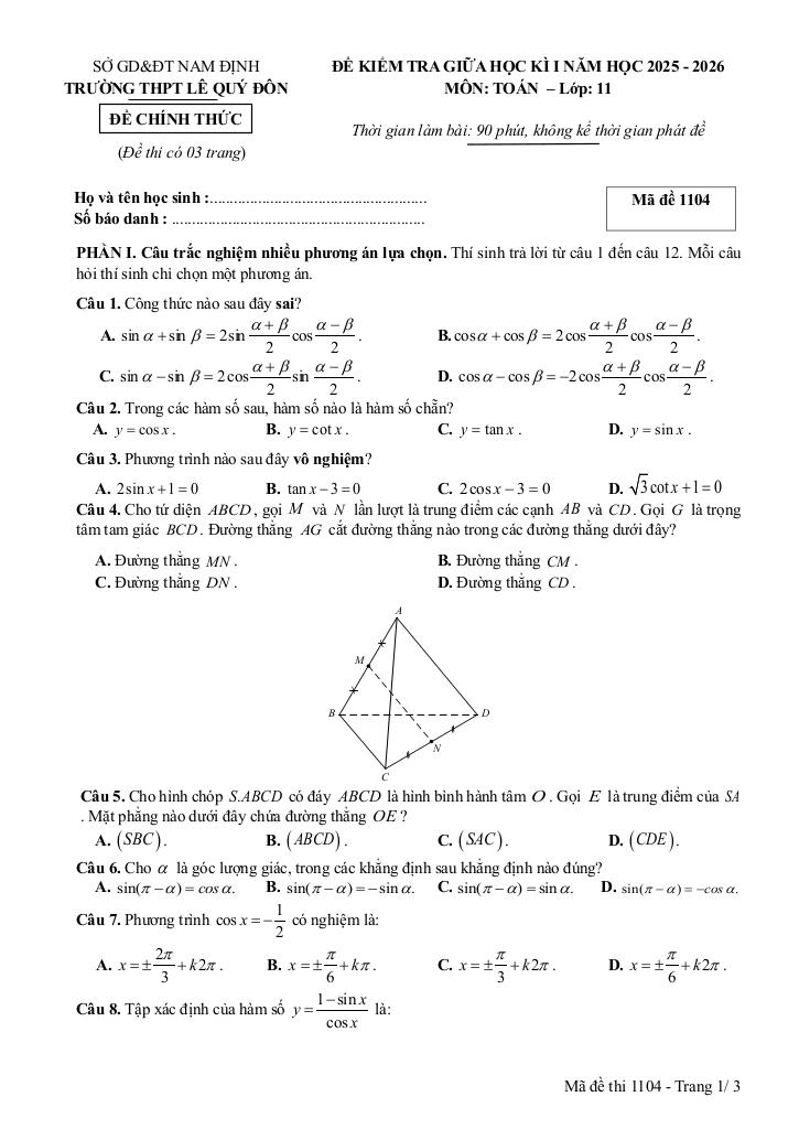 đề giữa học kỳ 1 toán 11 năm 2025 – 2026 trường thpt lê quý đôn – ninh bình 3