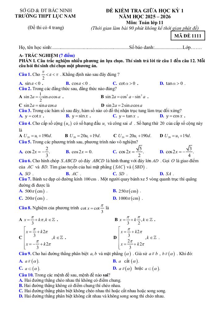 đề giữa học kỳ 1 toán 11 năm 2025 – 2026 trường thpt lục nam – bắc ninh 0