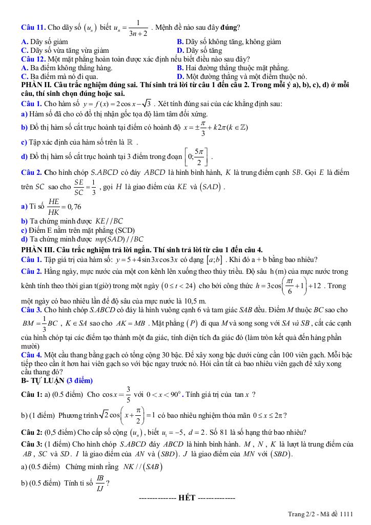 đề giữa học kỳ 1 toán 11 năm 2025 – 2026 trường thpt lục nam – bắc ninh 1