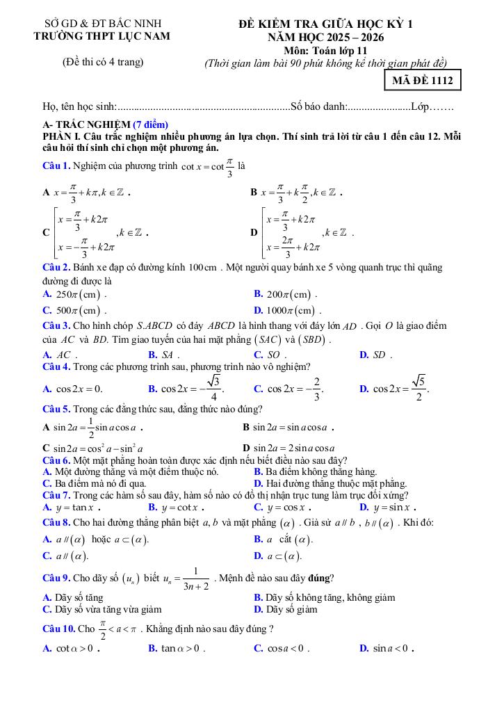 đề giữa học kỳ 1 toán 11 năm 2025 – 2026 trường thpt lục nam – bắc ninh 2