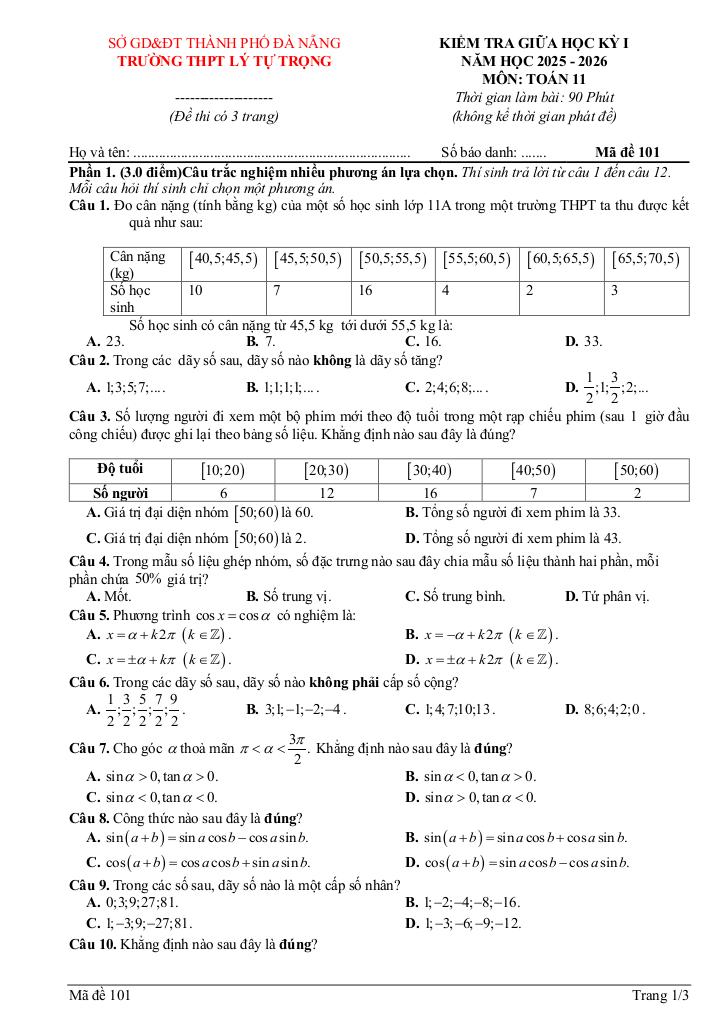 đề giữa học kỳ 1 toán 11 năm 2025 – 2026 trường thpt lý tự trọng – đà nẵng 0