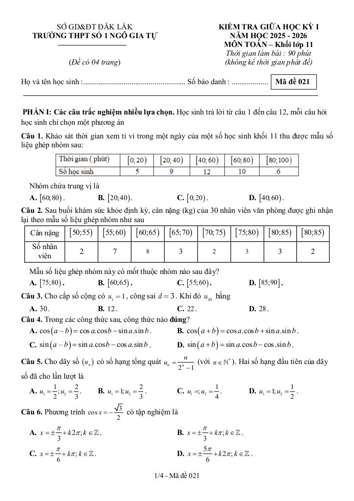 đề giữa học kỳ 1 toán 11 năm 2025 – 2026 trường thpt ngô gia tự 1 – đắk lắk 0