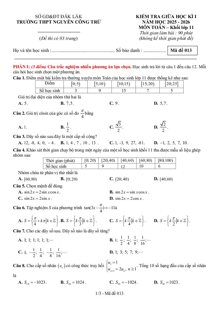 đề giữa học kỳ 1 toán 11 năm 2025 – 2026 trường thpt nguyễn công trứ – đắk lắk 0