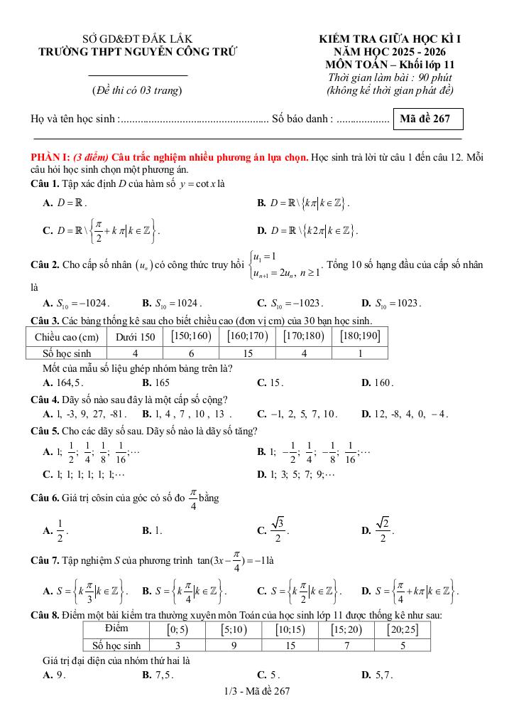 đề giữa học kỳ 1 toán 11 năm 2025 – 2026 trường thpt nguyễn công trứ – đắk lắk 3