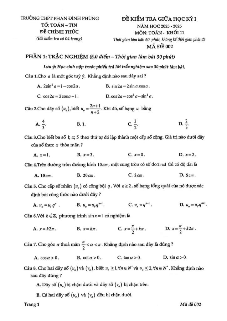 đề giữa học kỳ 1 toán 11 năm 2025 – 2026 trường thpt phan đình phùng – hà nội 0