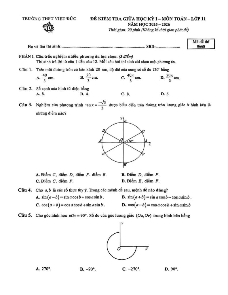 đề giữa học kỳ 1 toán 11 năm 2025 – 2026 trường thpt việt đức – hà nội 0