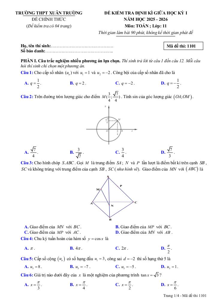 đề giữa học kỳ 1 toán 11 năm 2025 – 2026 trường thpt xuân trường – ninh bình 0