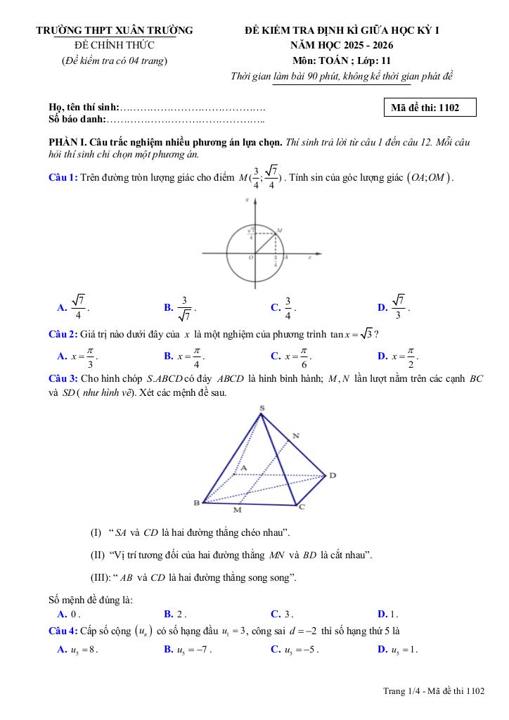 đề giữa học kỳ 1 toán 11 năm 2025 – 2026 trường thpt xuân trường – ninh bình 4