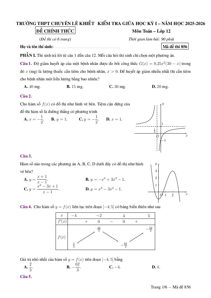 đề giữa học kỳ 1 toán 12 năm 2025 – 2026 trường chuyên lê khiết – quảng ngãi 0