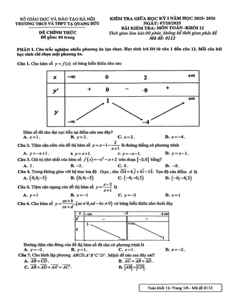đề giữa học kỳ 1 toán 12 năm 2025 – 2026 trường tạ quang bửu – hà nội 0