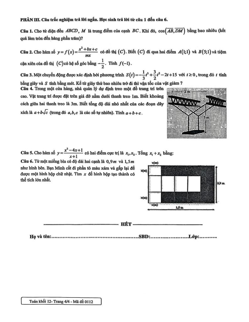 đề giữa học kỳ 1 toán 12 năm 2025 – 2026 trường tạ quang bửu – hà nội 3