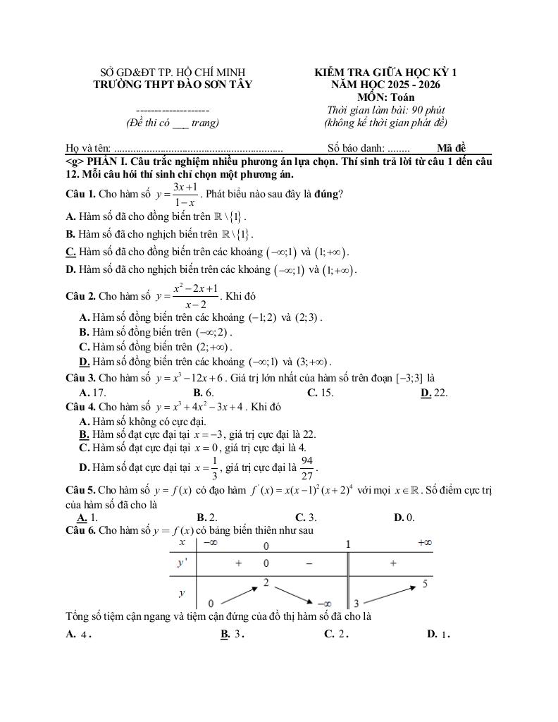 đề giữa học kỳ 1 toán 12 năm 2025 – 2026 trường thpt đào sơn tây – tp hcm 0