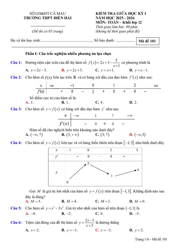 đề giữa học kỳ 1 toán 12 năm 2025 – 2026 trường thpt điền hải – cà mau 0