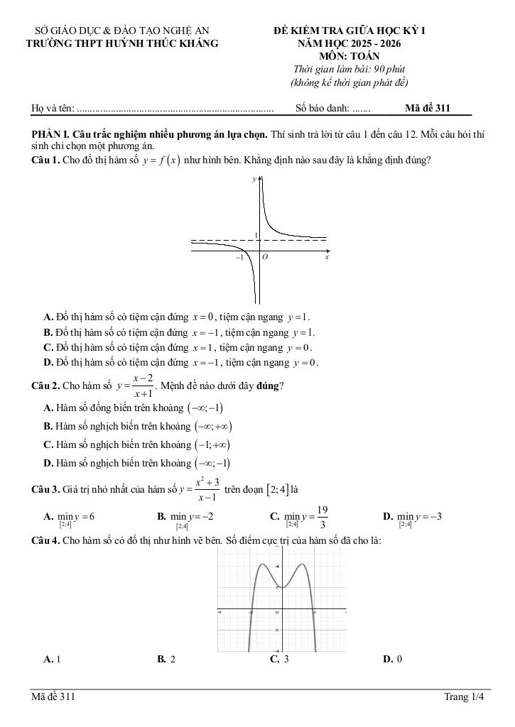 đề giữa học kỳ 1 toán 12 năm 2025 – 2026 trường thpt huỳnh thúc kháng – nghệ an 0