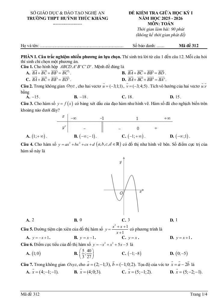 đề giữa học kỳ 1 toán 12 năm 2025 – 2026 trường thpt huỳnh thúc kháng – nghệ an 4