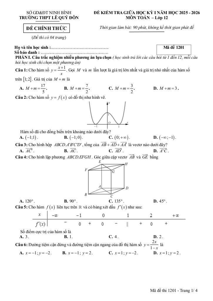 đề giữa học kỳ 1 toán 12 năm 2025 – 2026 trường thpt lê quý đôn – ninh bình 0