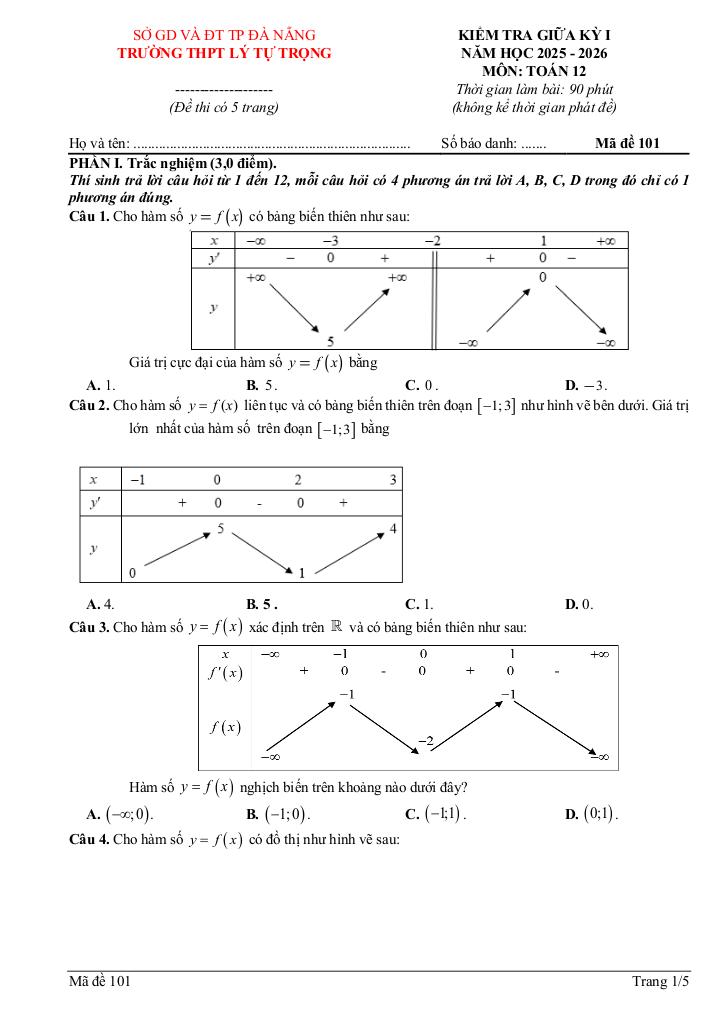 đề giữa học kỳ 1 toán 12 năm 2025 – 2026 trường thpt lý tự trọng – đà nẵng 0
