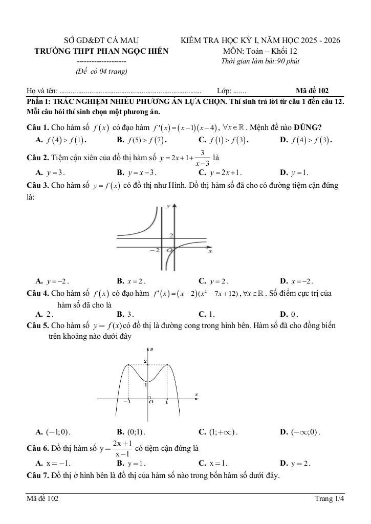 đề giữa học kỳ 1 toán 12 năm 2025 – 2026 trường thpt phan ngọc hiển – cà mau 4