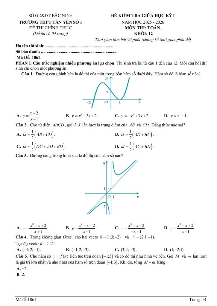 đề giữa học kỳ 1 toán 12 năm 2025 – 2026 trường thpt tân yên 1 – bắc ninh 0