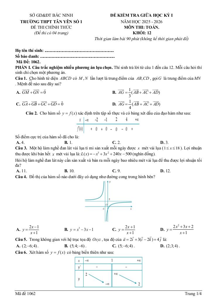 đề giữa học kỳ 1 toán 12 năm 2025 – 2026 trường thpt tân yên 1 – bắc ninh 4