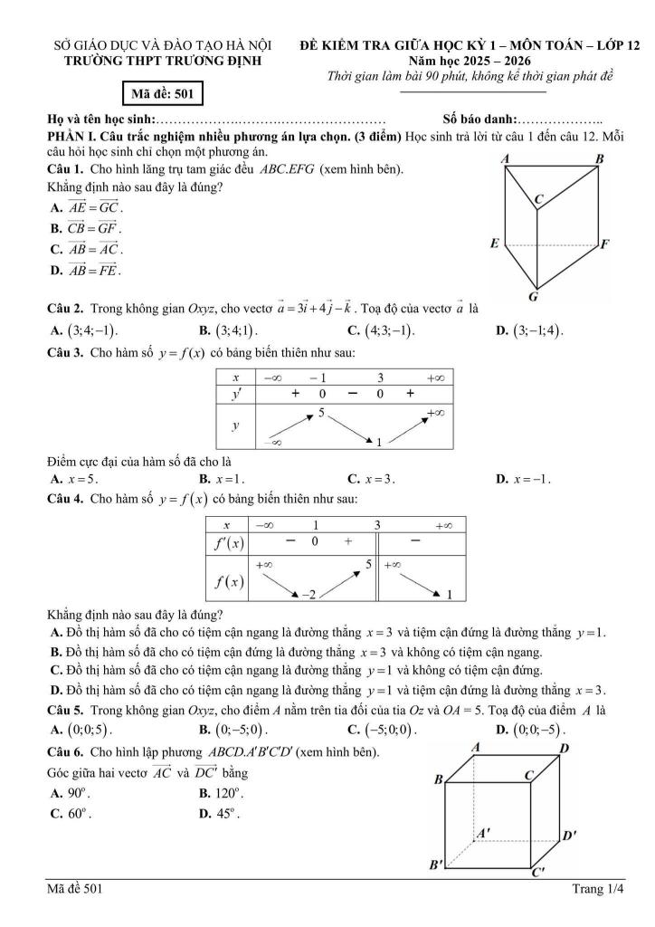 đề giữa học kỳ 1 toán 12 năm 2025 – 2026 trường thpt trương định – hà nội 0