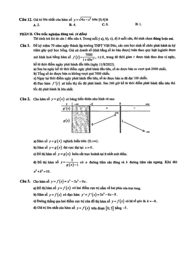 đề giữa học kỳ 1 toán 12 năm 2025 – 2026 trường thpt việt đức – hà nội 2