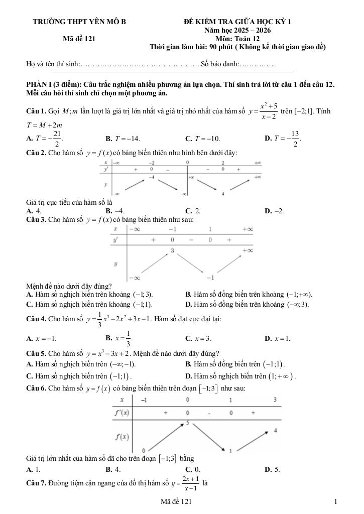 đề giữa học kỳ 1 toán 12 năm 2025 – 2026 trường thpt yên mô b – ninh bình 0