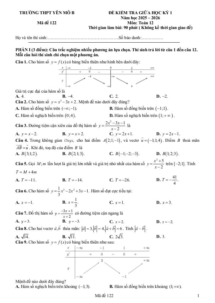 đề giữa học kỳ 1 toán 12 năm 2025 – 2026 trường thpt yên mô b – ninh bình 3