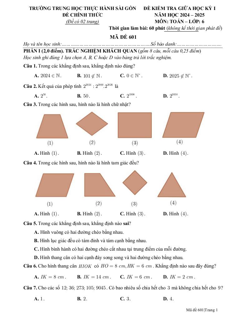 đề giữa học kỳ 1 toán 6 năm 2024 – 2025 trường thực hành sài gòn – tp hcm 0