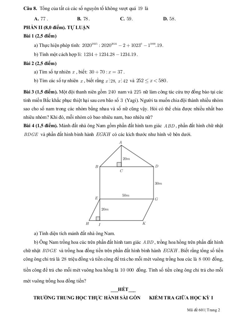 đề giữa học kỳ 1 toán 6 năm 2024 – 2025 trường thực hành sài gòn – tp hcm 1