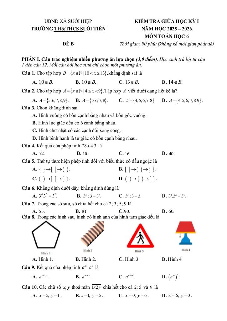 đề giữa học kỳ 1 toán 6 năm 2025 – 2026 trường th&thcs suối tiên – khánh hòa 2